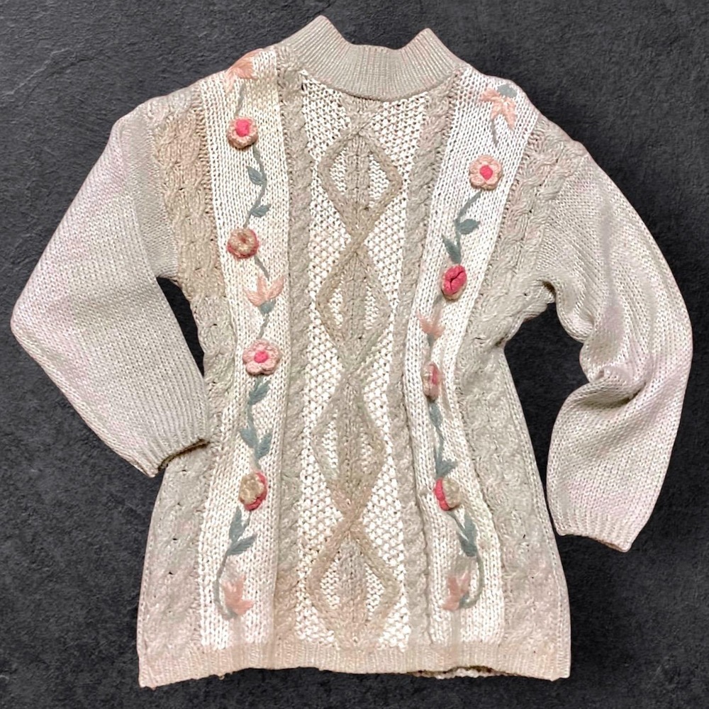 Needles & Yarn Vintage Womens Cable Knit Roses Embroidered Mock Neck Sweater Med